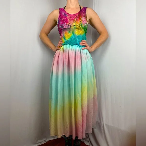 Dresses | Tie Dye Dress Cottagecore Crochet Knit Boho Beach Cover Up Midi  Maxi Pool Slip | Poshmark